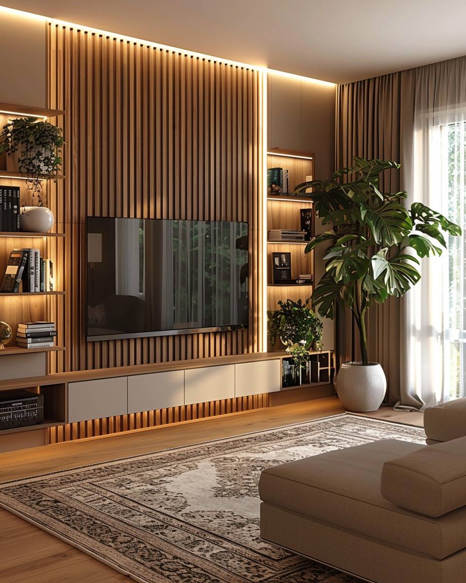 Fernsehwand im Wohnzimmer gestalten- Probiere Naturmaterialien wie Holzpaneele