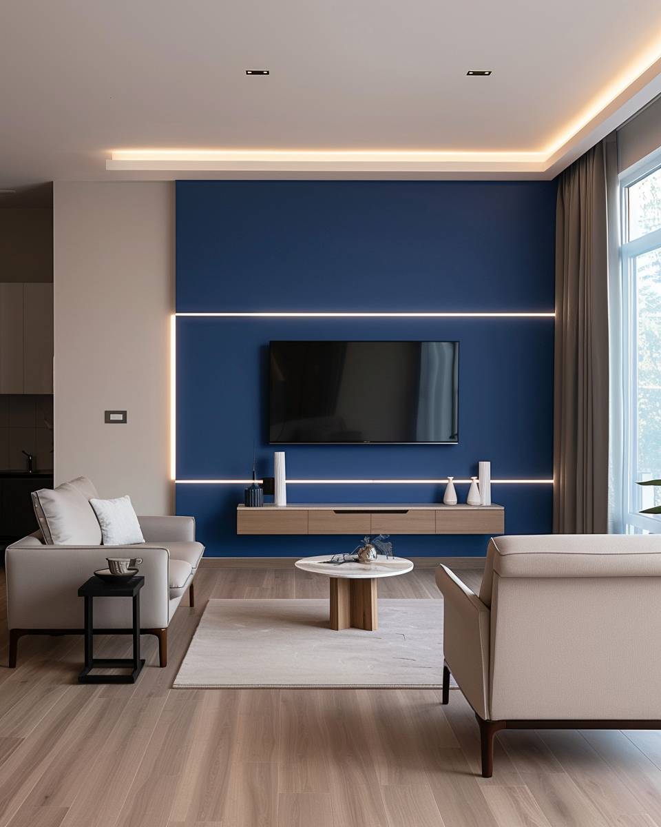 Fernsehwand im Wohnzimmer gestalten- Streiche eine Akzentwand in Kontrastfarbe