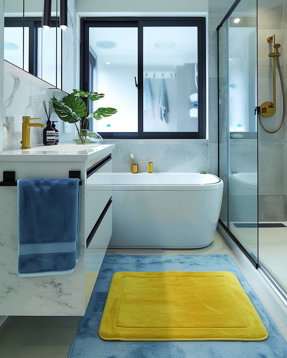 Ideen: Badezimmer dekorieren- Experimentiere mit Textilien in Kontrastfarben