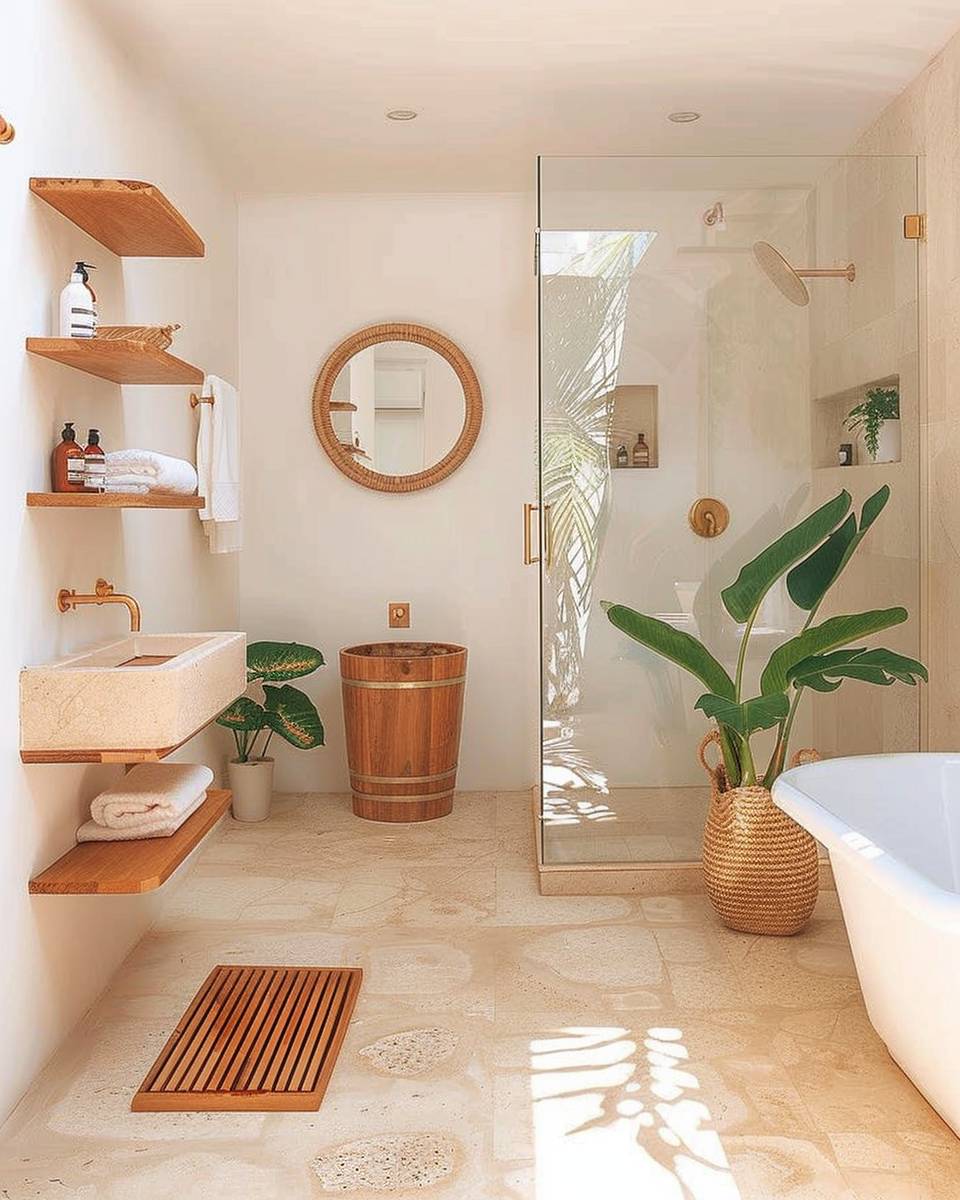 Ideen: Badezimmer dekorieren- Integriere stilvolle Holz-Accessoires für Wärme