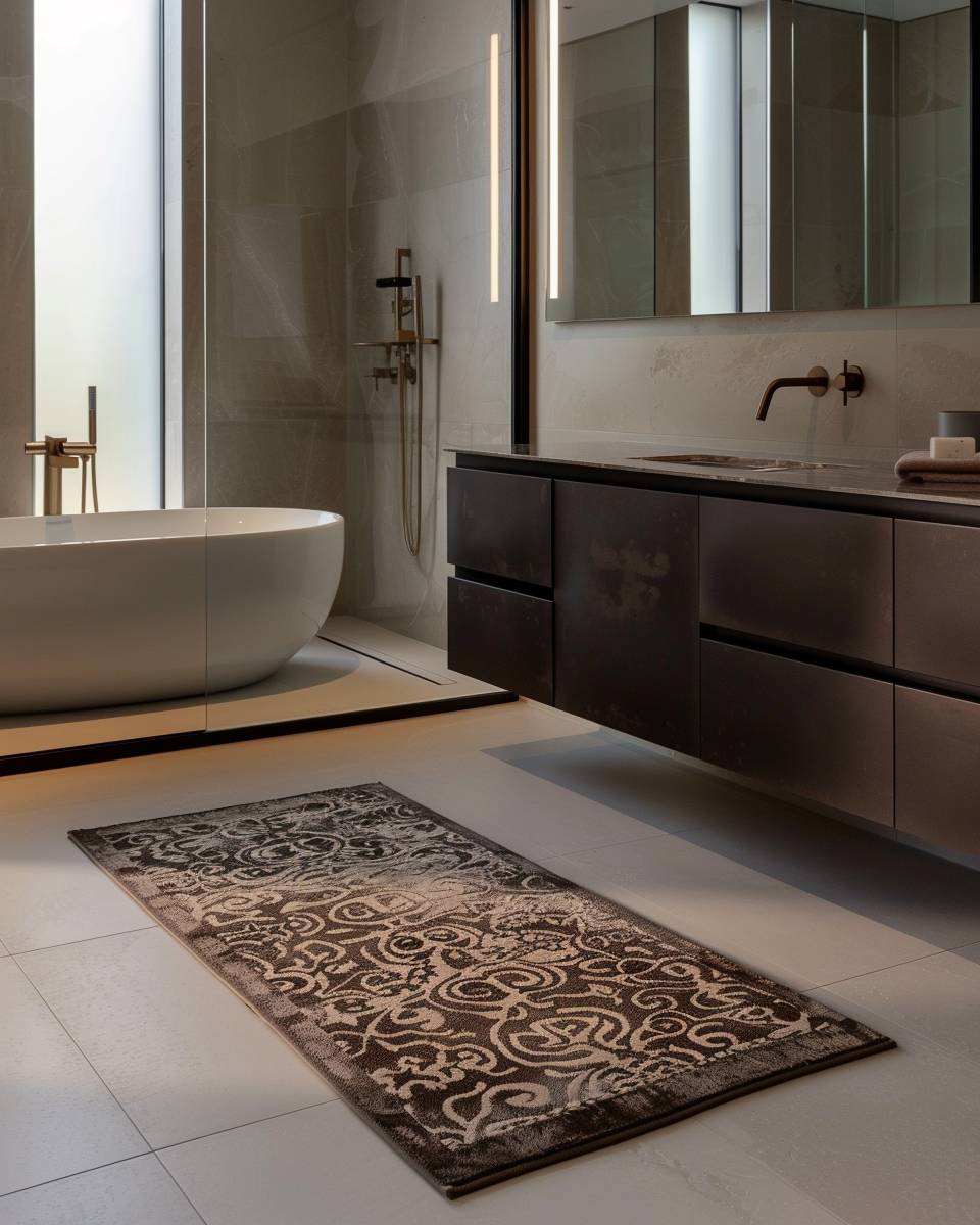 Ideen: Badezimmer dekorieren- Lege einen gemusterten Badteppich aus