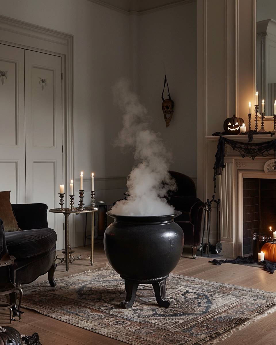 Ideen: Halloween-Dekoration- Stelle Hexenkessel mit Trockeneis-Nebel auf