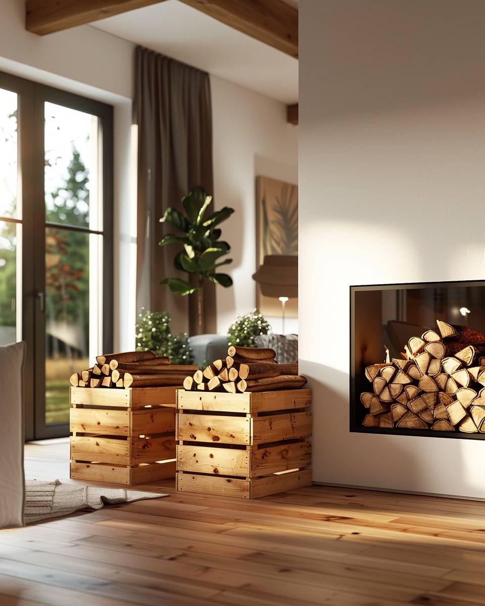 Ideen: Kaminholz aufbewahren-Staple Kaminholz in luftigen Holzkisten