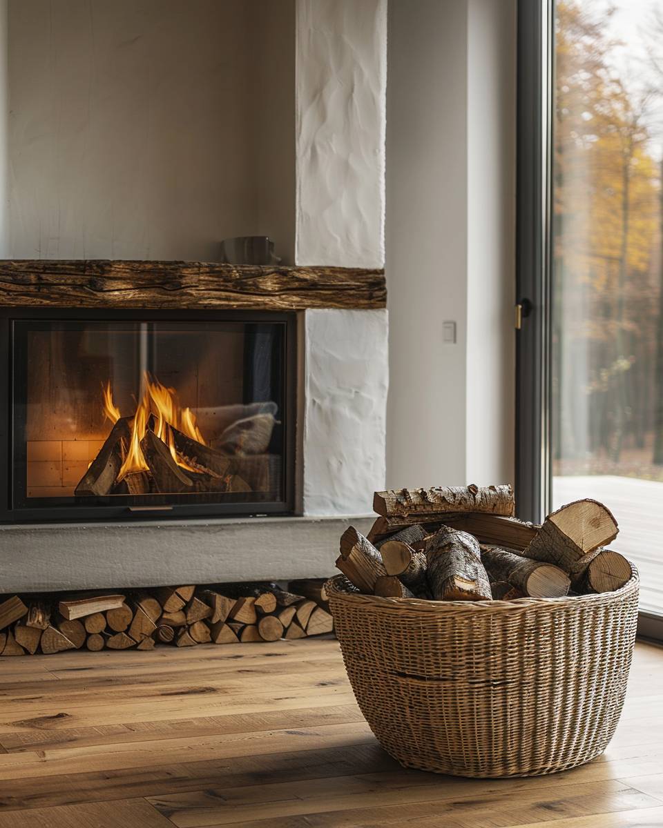 Ideen: Kaminholz aufbewahren- Arrangiere Holzscheite in einem Weidenkorb