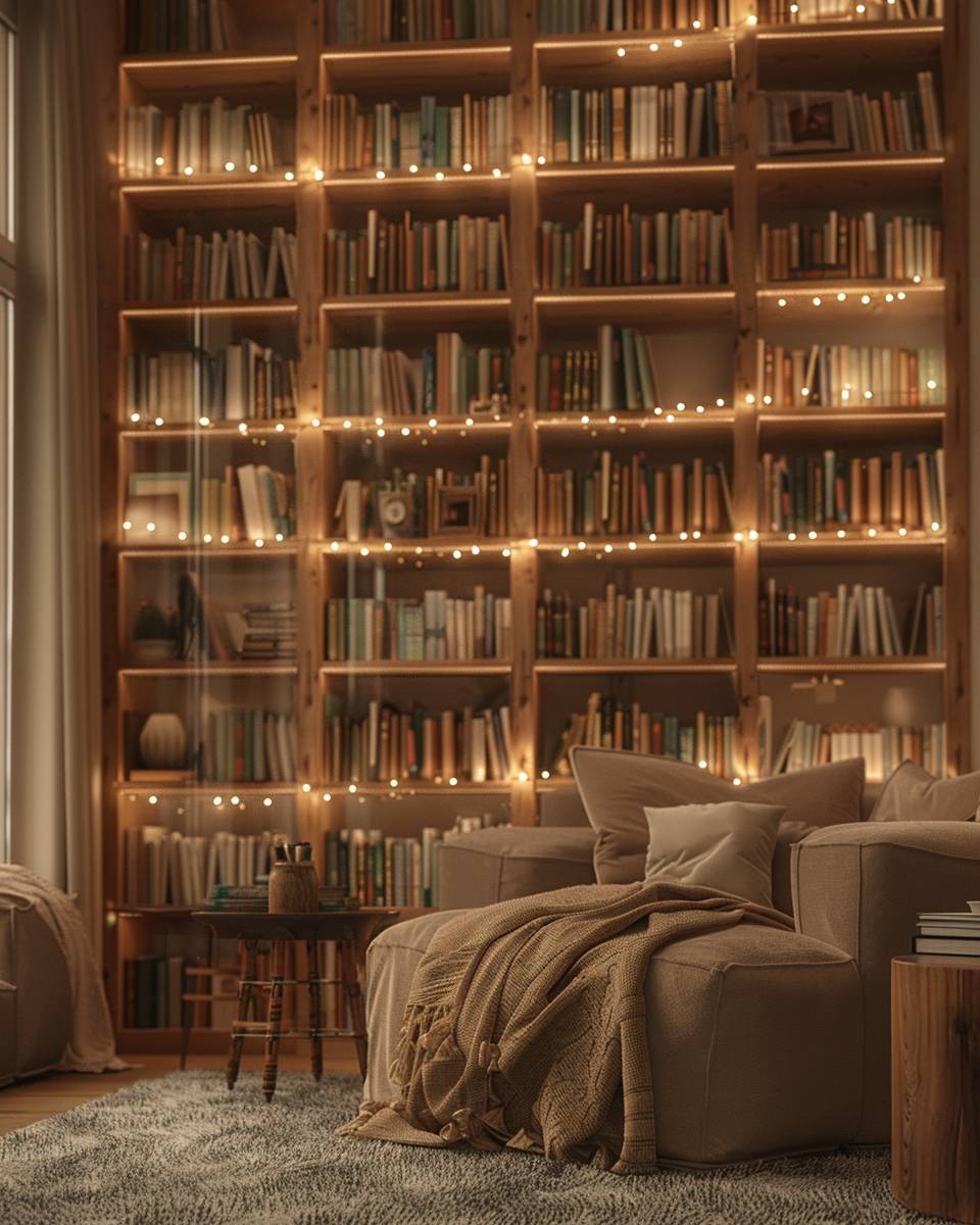 Ideen: Lichterketten im Wohnzimmer-Lass Lichterketten über deinen Bücherregalen schweben