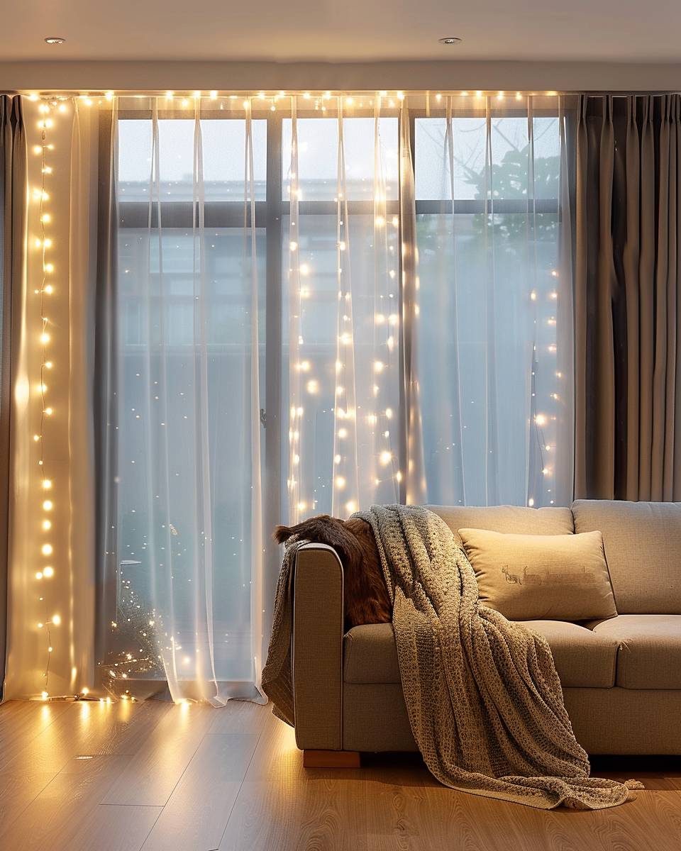 Ideen: Lichterketten im Wohnzimmer- Arrangiere Lichterketten zwischen Vorhang und Fensterscheibe
