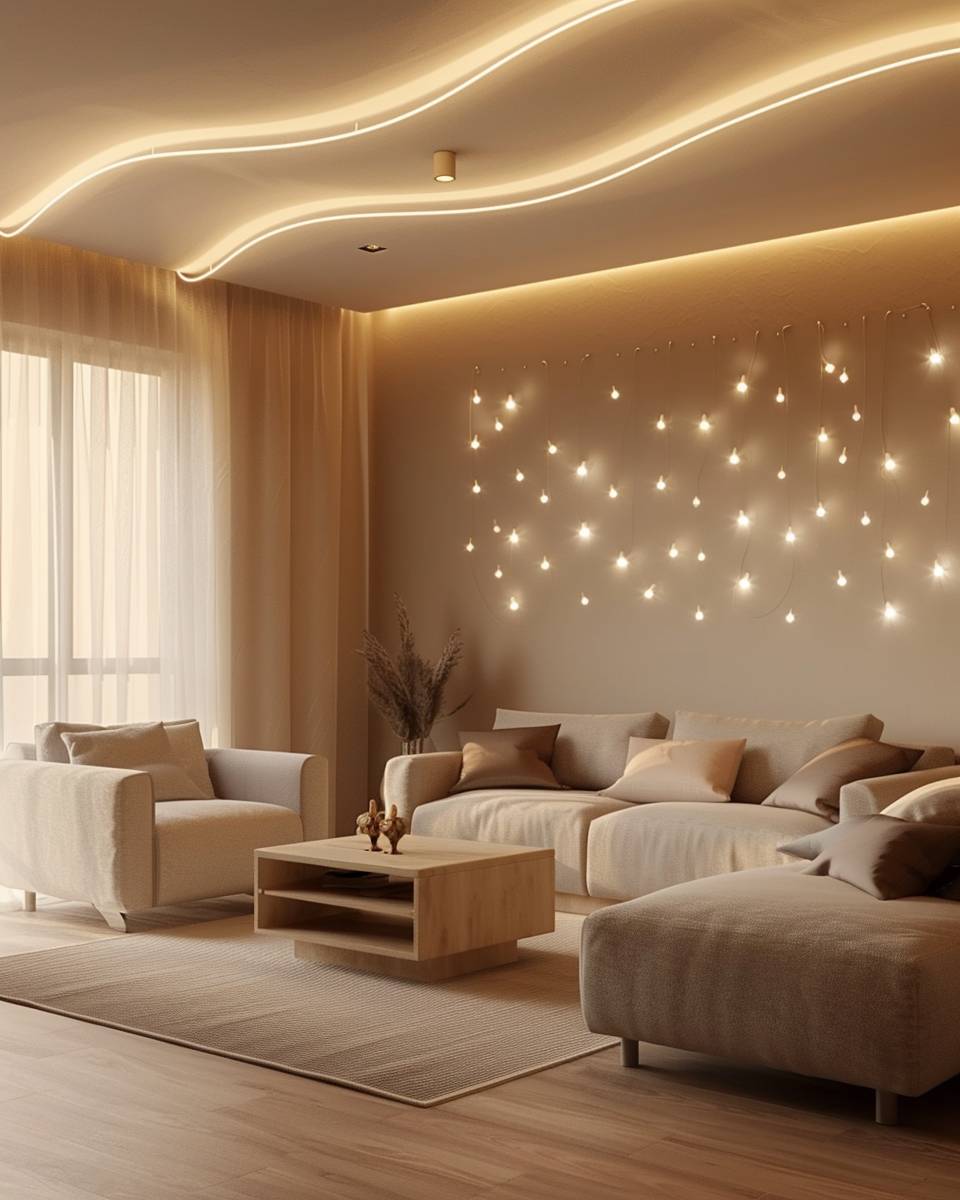 Ideen: Lichterketten im Wohnzimmer- Befestige Lichterketten wellenförmig an der Decke