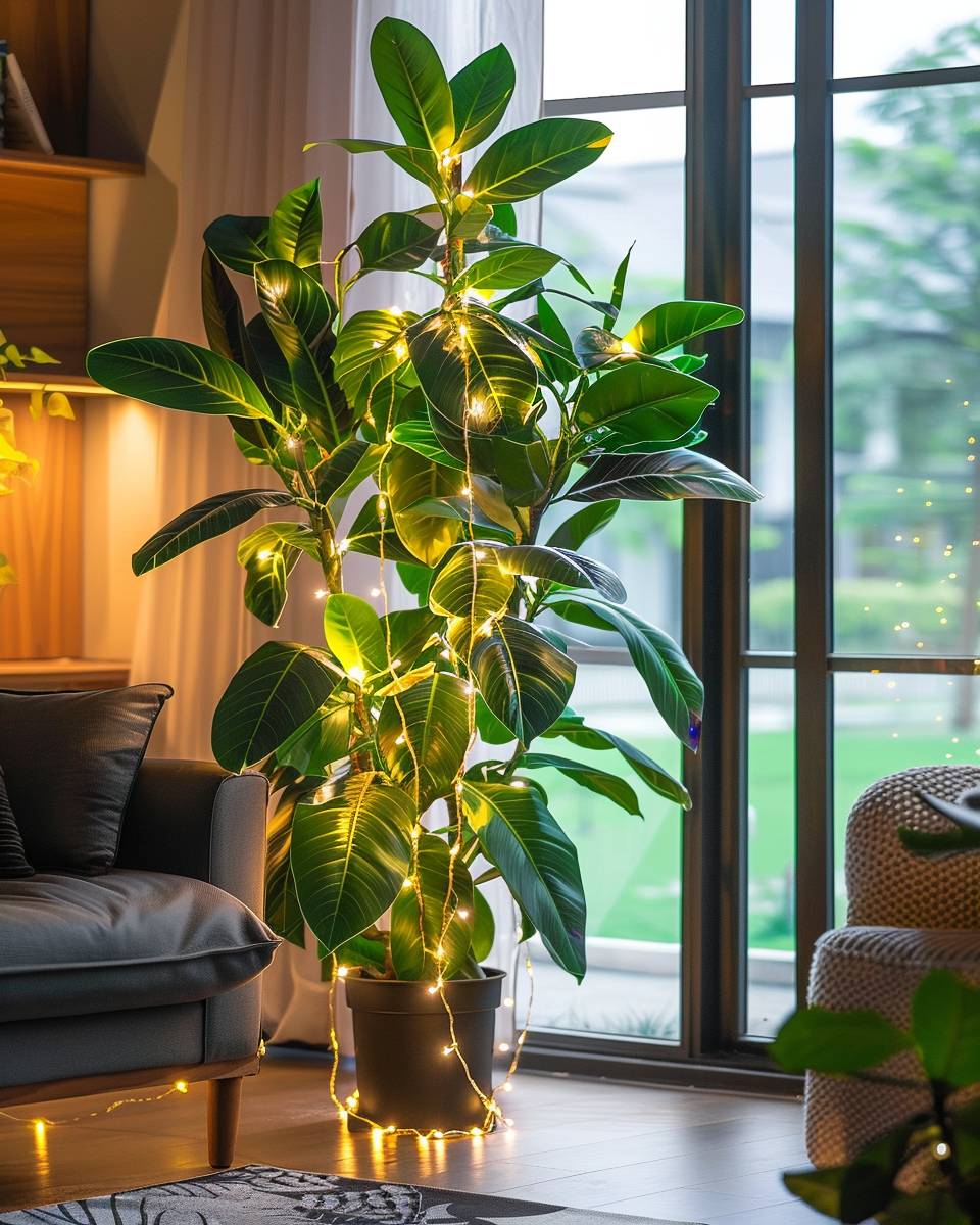 Ideen: Lichterketten im Wohnzimmer- Dekoriere Pflanzen mit warmen Lichterketten