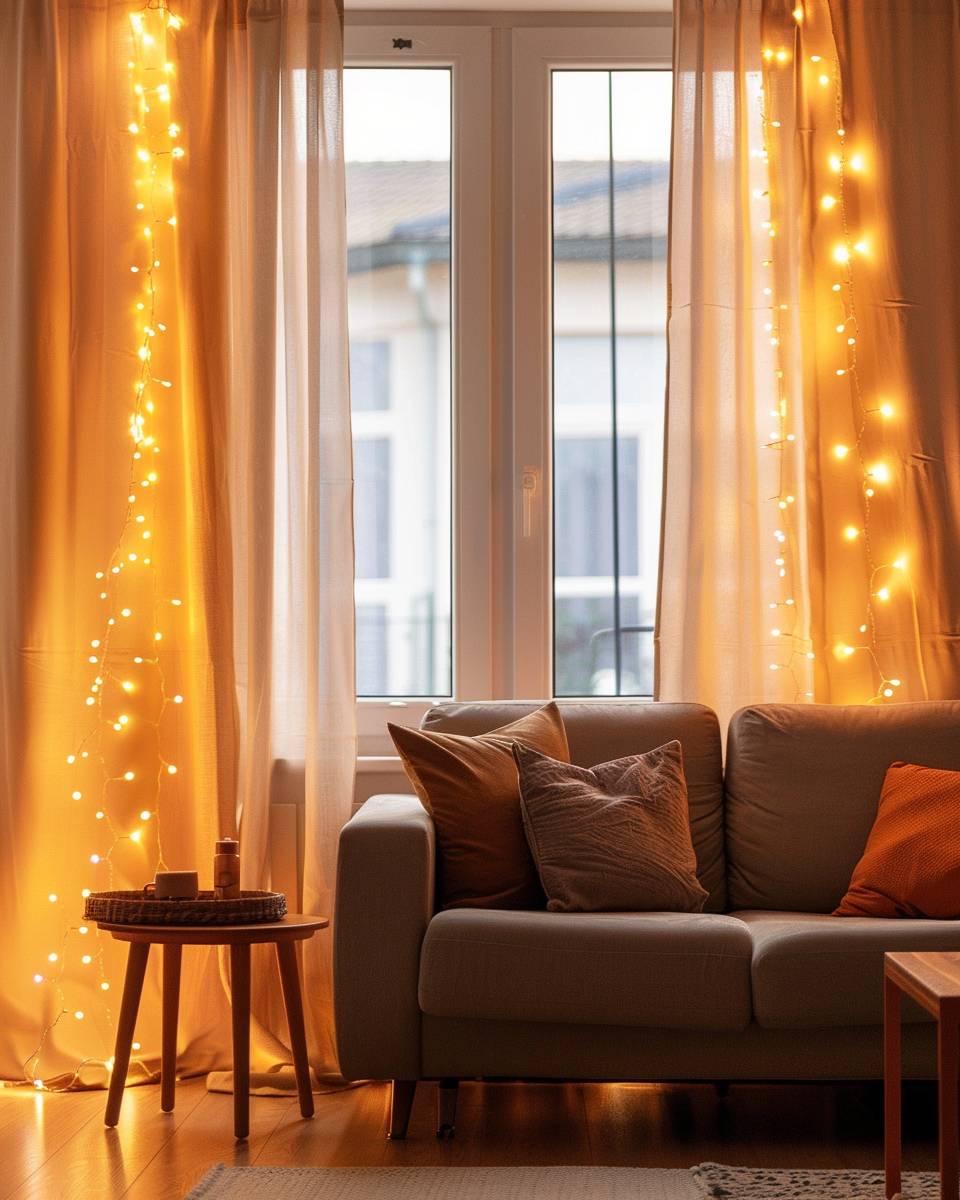 Ideen: Lichterketten im Wohnzimmer- Hänge Lichterketten um deine Gardinenstange