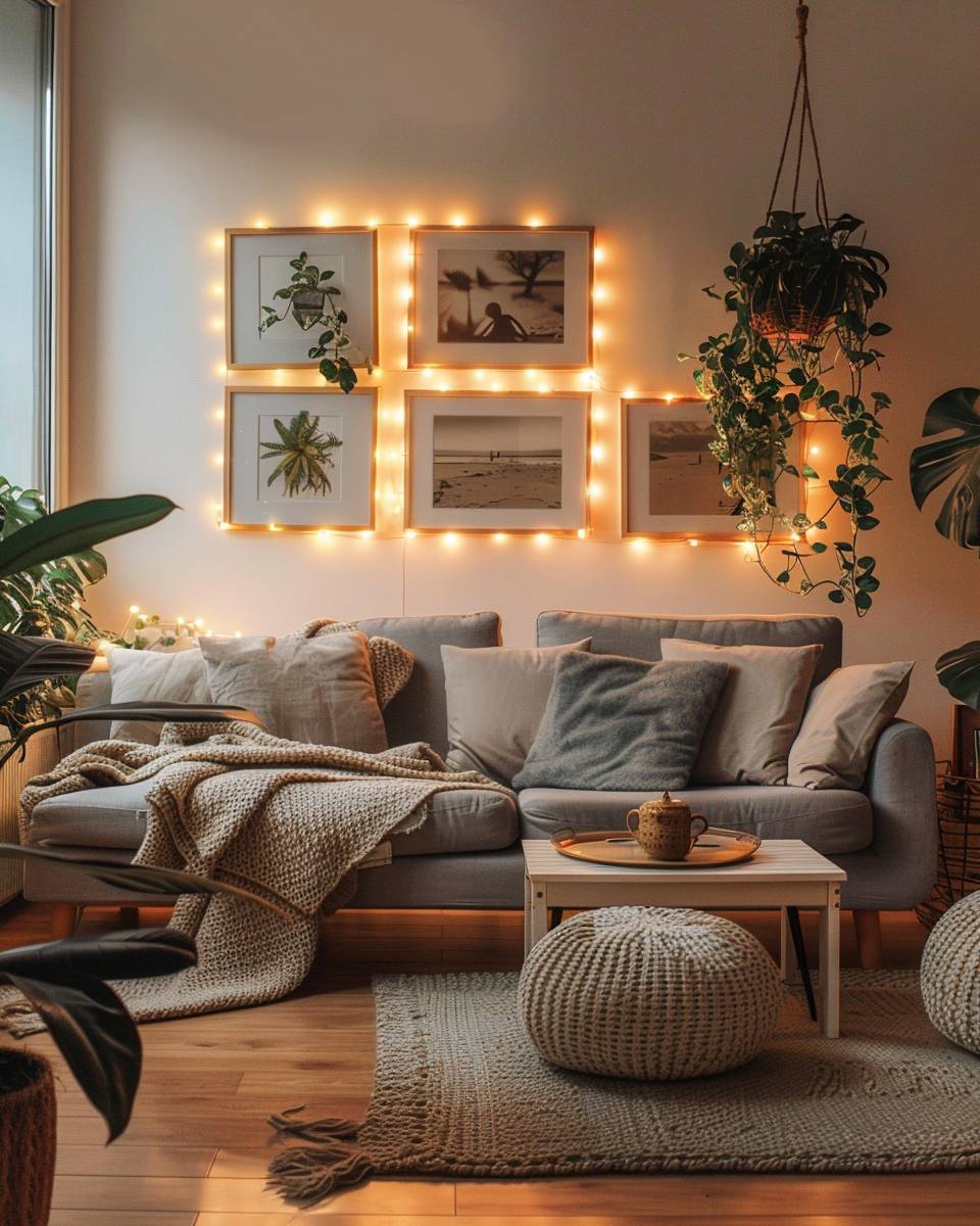 Ideen: Lichterketten im Wohnzimmer- Integriere Lichterketten in dein Fotowand-Arrangement