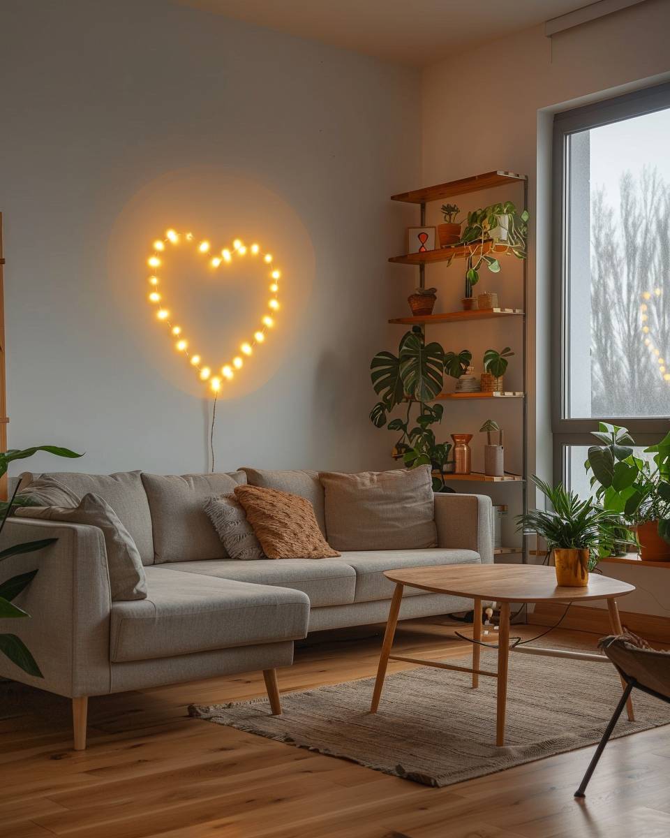 Ideen: Lichterketten im Wohnzimmer- Kreiere ein Herz aus Lichterketten an der Wand