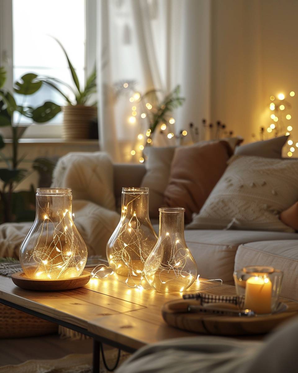 Ideen: Lichterketten im Wohnzimmer- Lege Lichterketten dekorativ in große Glasvasen
