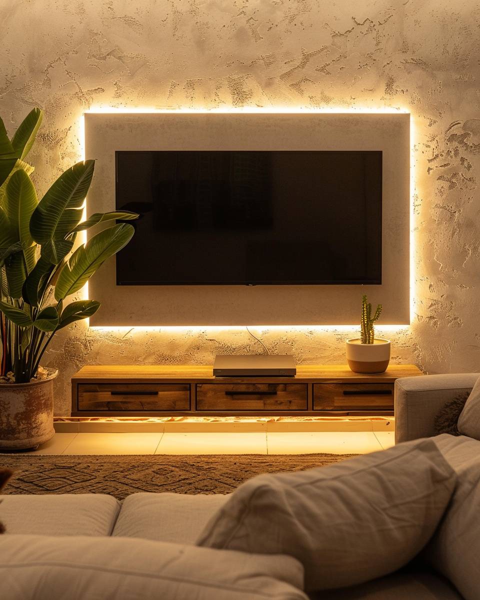Ideen: Lichterketten im Wohnzimmer- Platziere Lichterketten hinter deinem Fernseher