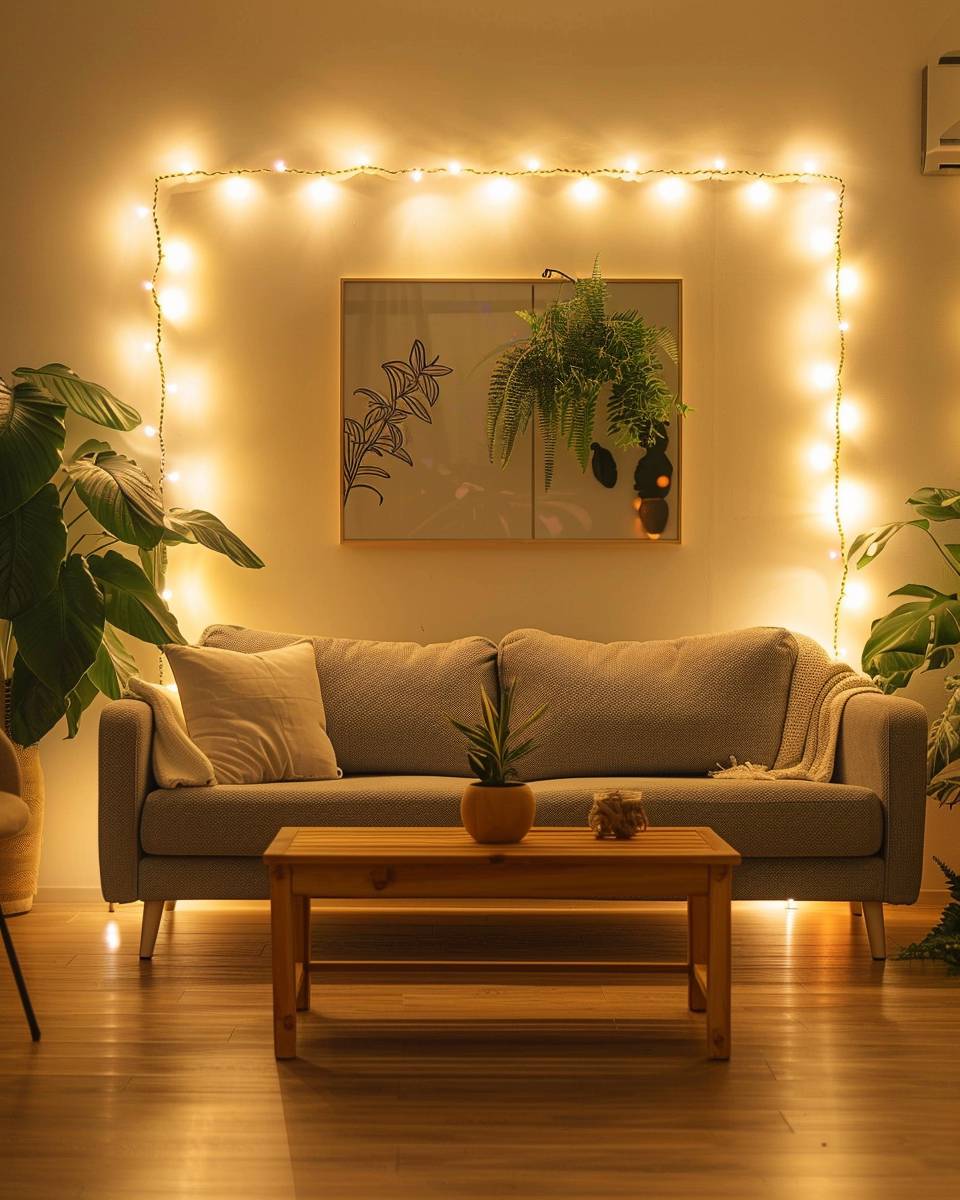 Ideen: Lichterketten im Wohnzimmer- Setze Lichterketten als Rahmung deiner Couch ein