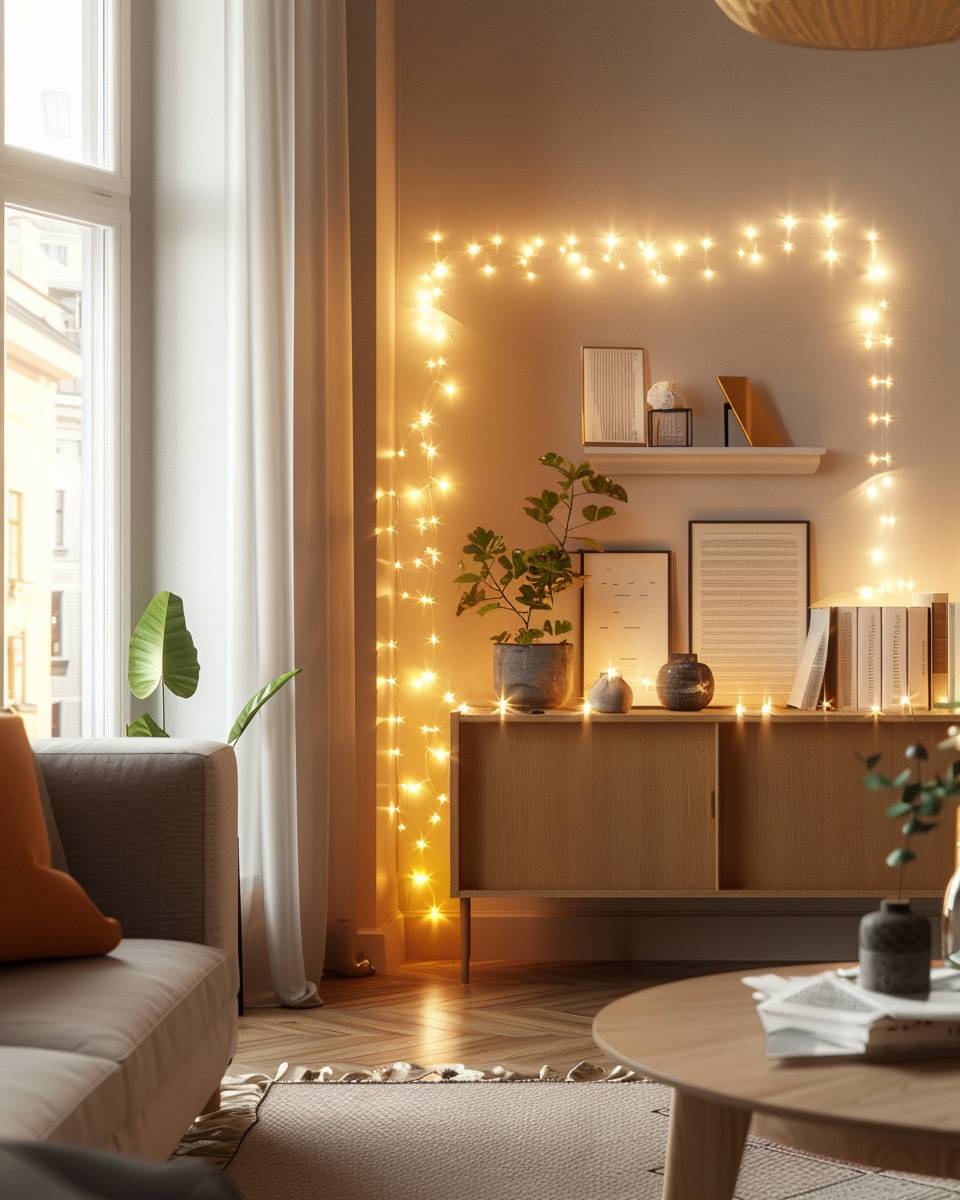 Ideen: Lichterketten im Wohnzimmer- Spanne Lichterketten entlang deines Sideboards
