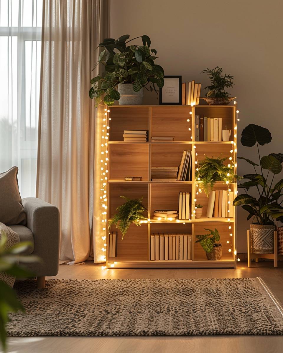 Ideen: Lichterketten im Wohnzimmer- Umhülle ein Regal mit sanften Lichterketten