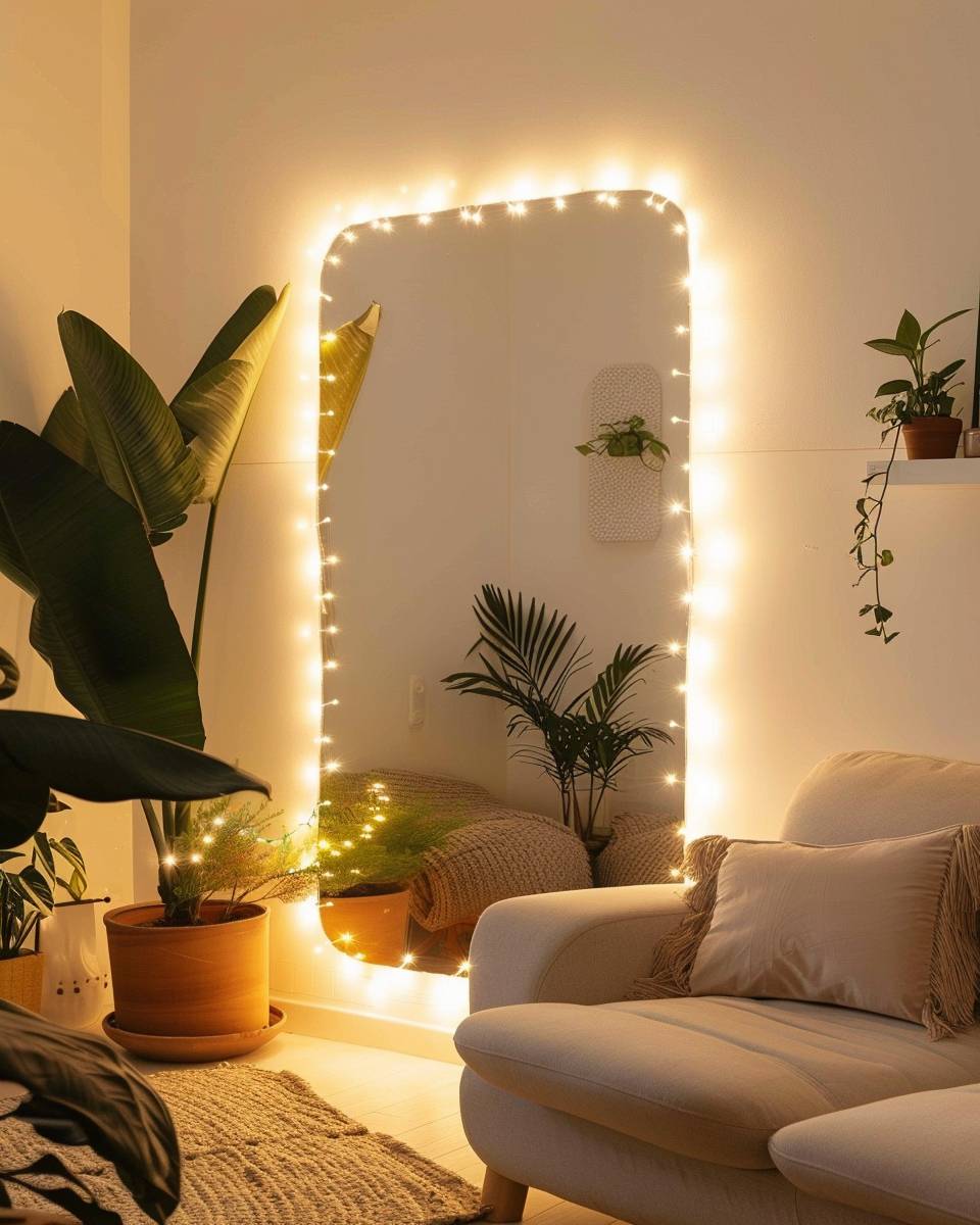 Ideen: Lichterketten im Wohnzimmer- Umrande deinen Spiegel kunstvoll mit Lichterketten