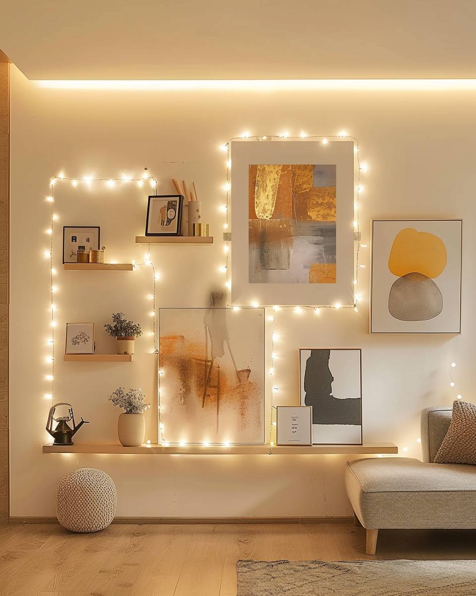Ideen: Lichterketten im Wohnzimmer- Verflechte Lichterketten mit Wanddeko-Elementen