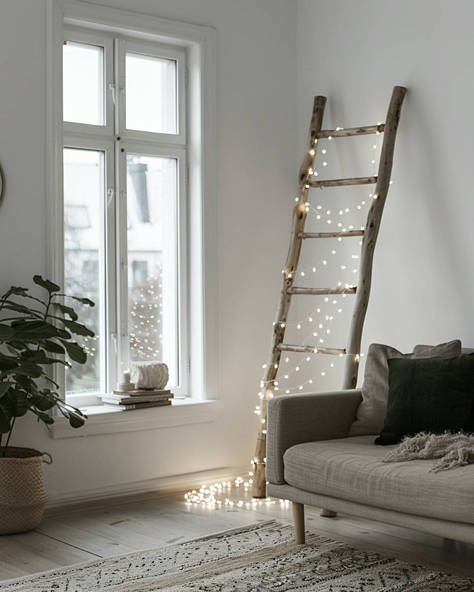 Ideen: Lichterketten im Wohnzimmer- Wickle Lichterketten um eine hölzerne Leiter als Hingucker
