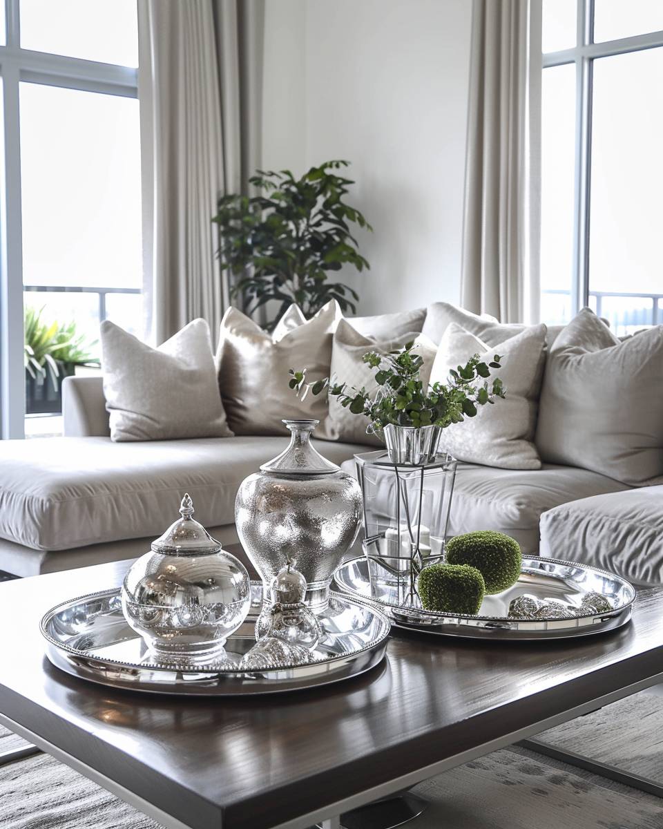 Ideen: Wohnzimmer mit Silber- Verwende silberne Tabletts zum Arrangieren von Deko