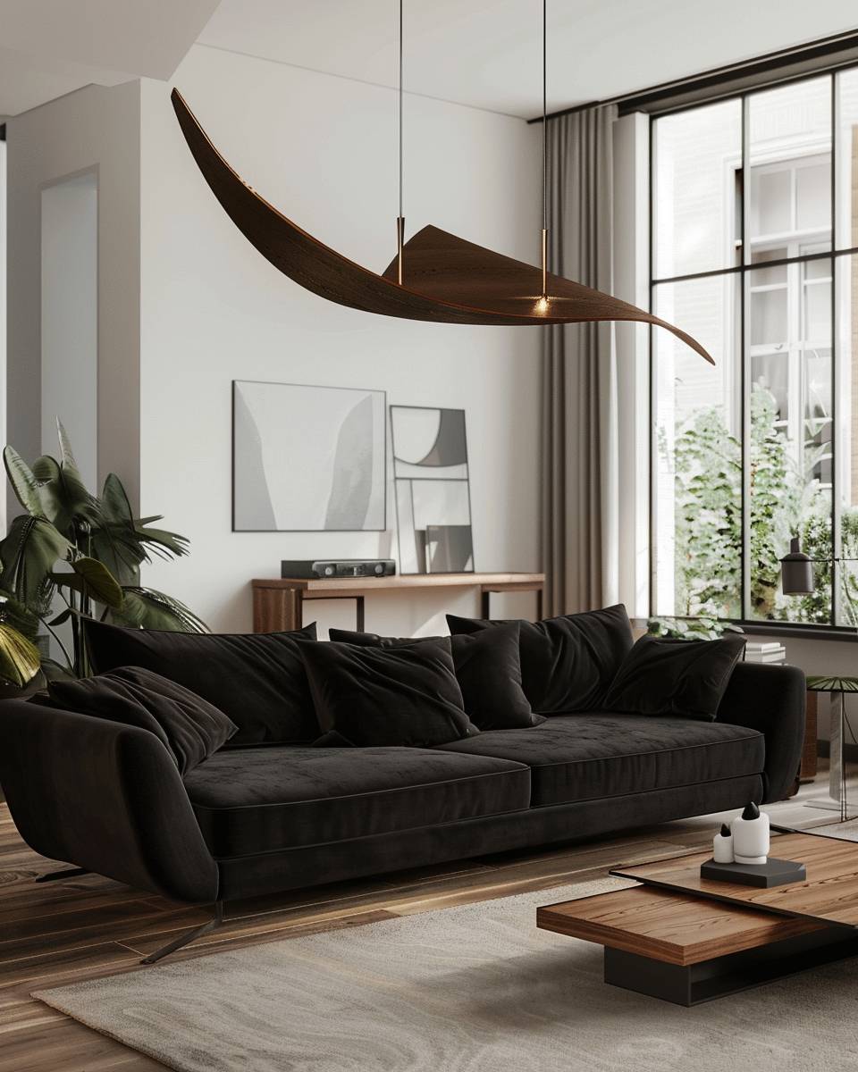 Ideen: dunkles Sofa im Wohnzimmer- Platziere eine Statement-Lampe für Blickfang