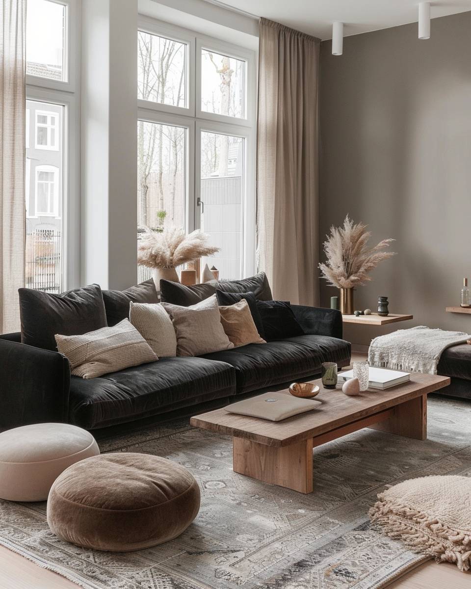 Ideen: dunkles Sofa im Wohnzimmer- Stelle Poufs oder Sitzkissen in hellen Farben bereit