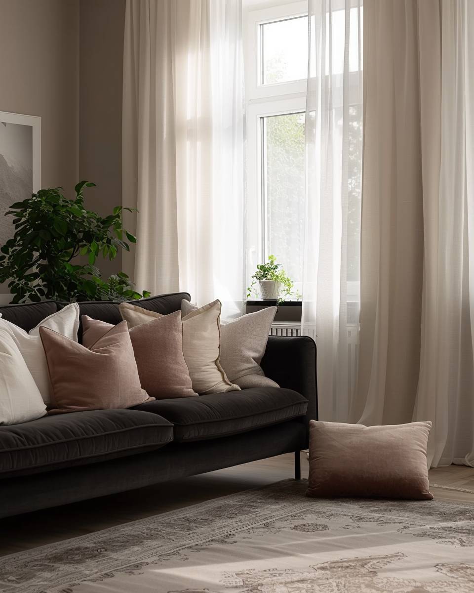 Ideen: dunkles Sofa im Wohnzimmer- Verwende zarte Textilien für weichen Effekt
