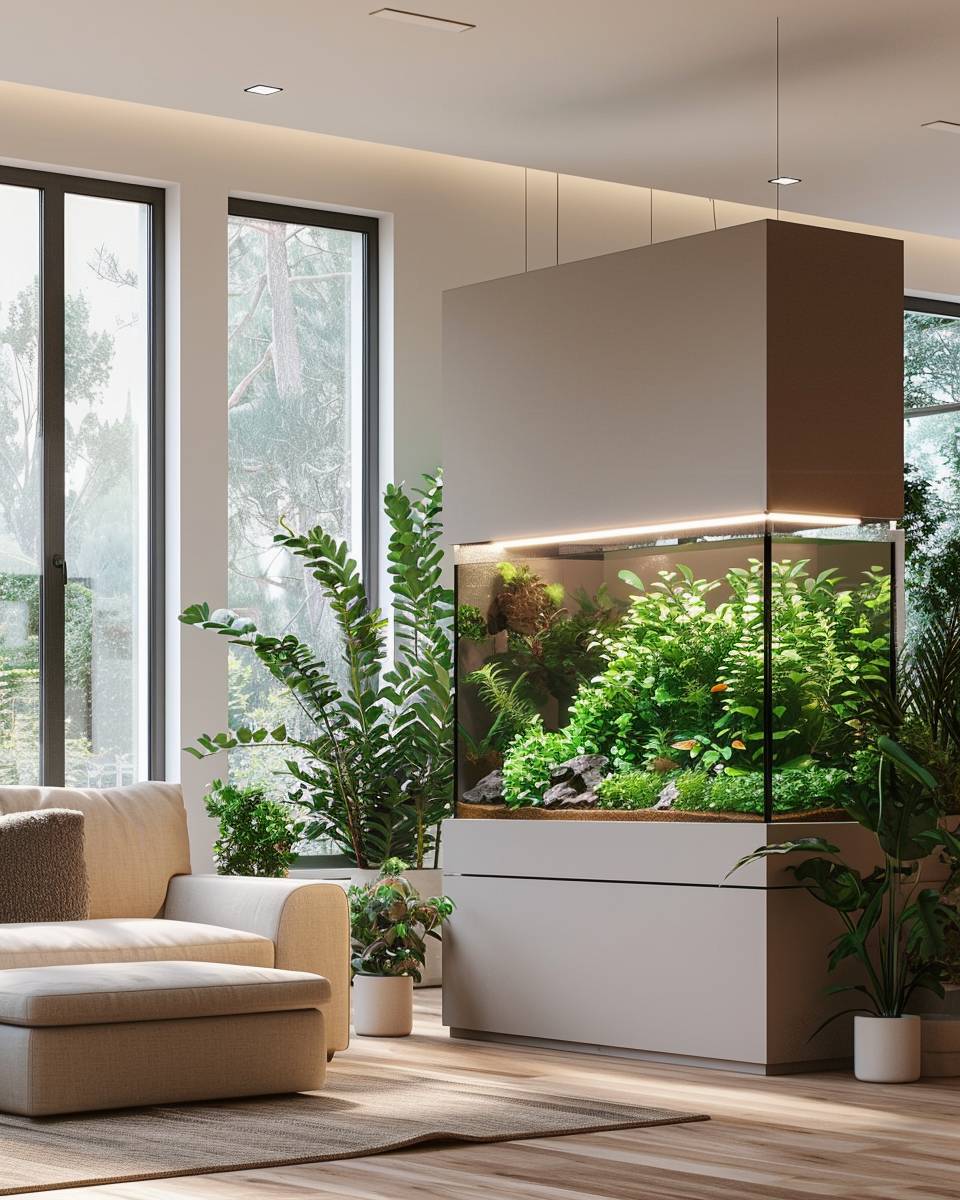 Ideen für Wohnzimmer mit Aquarium-Stelle das Aquarium als Raumteiler auf