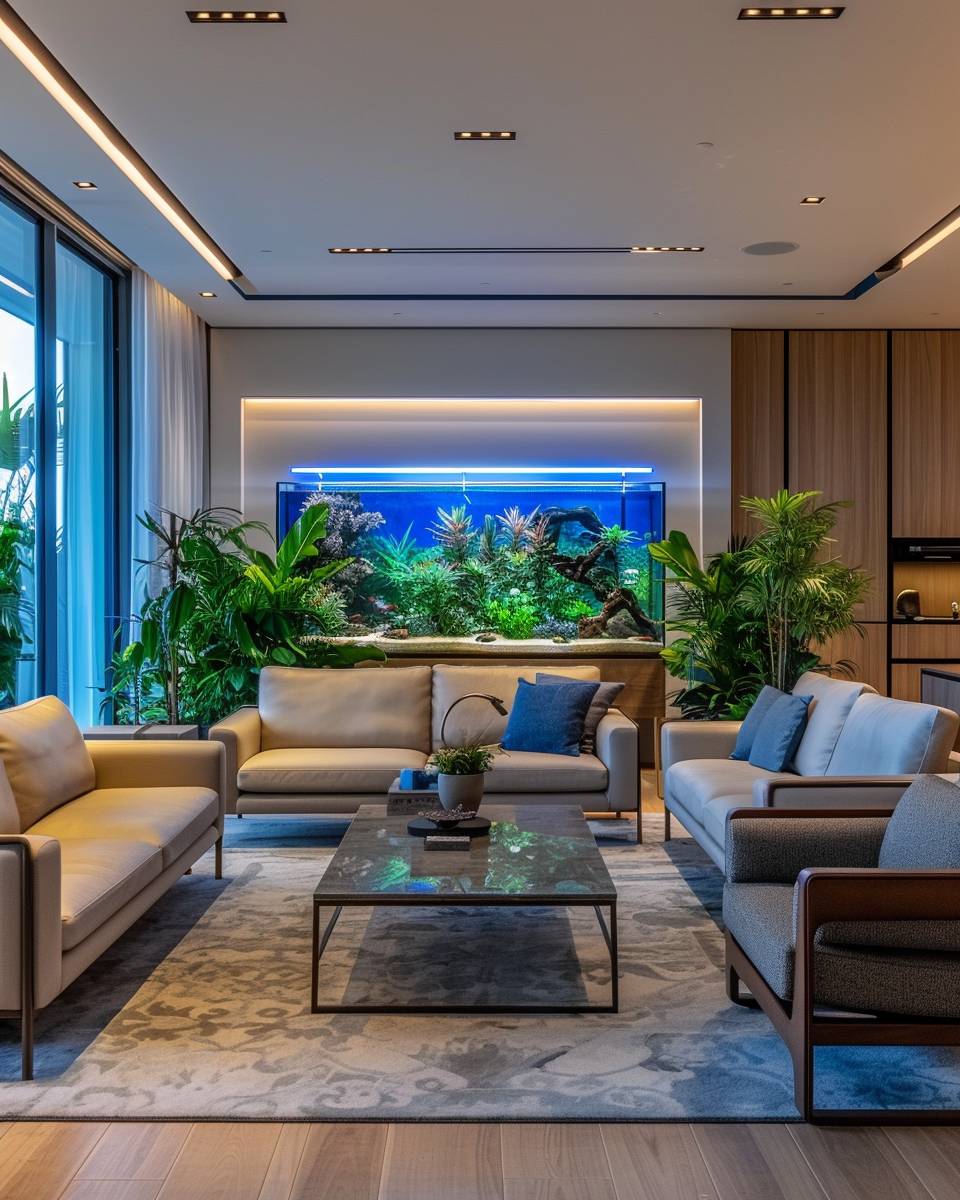Ideen für Wohnzimmer mit Aquarium- Baue Sitzecken mit Blick auf das Becken