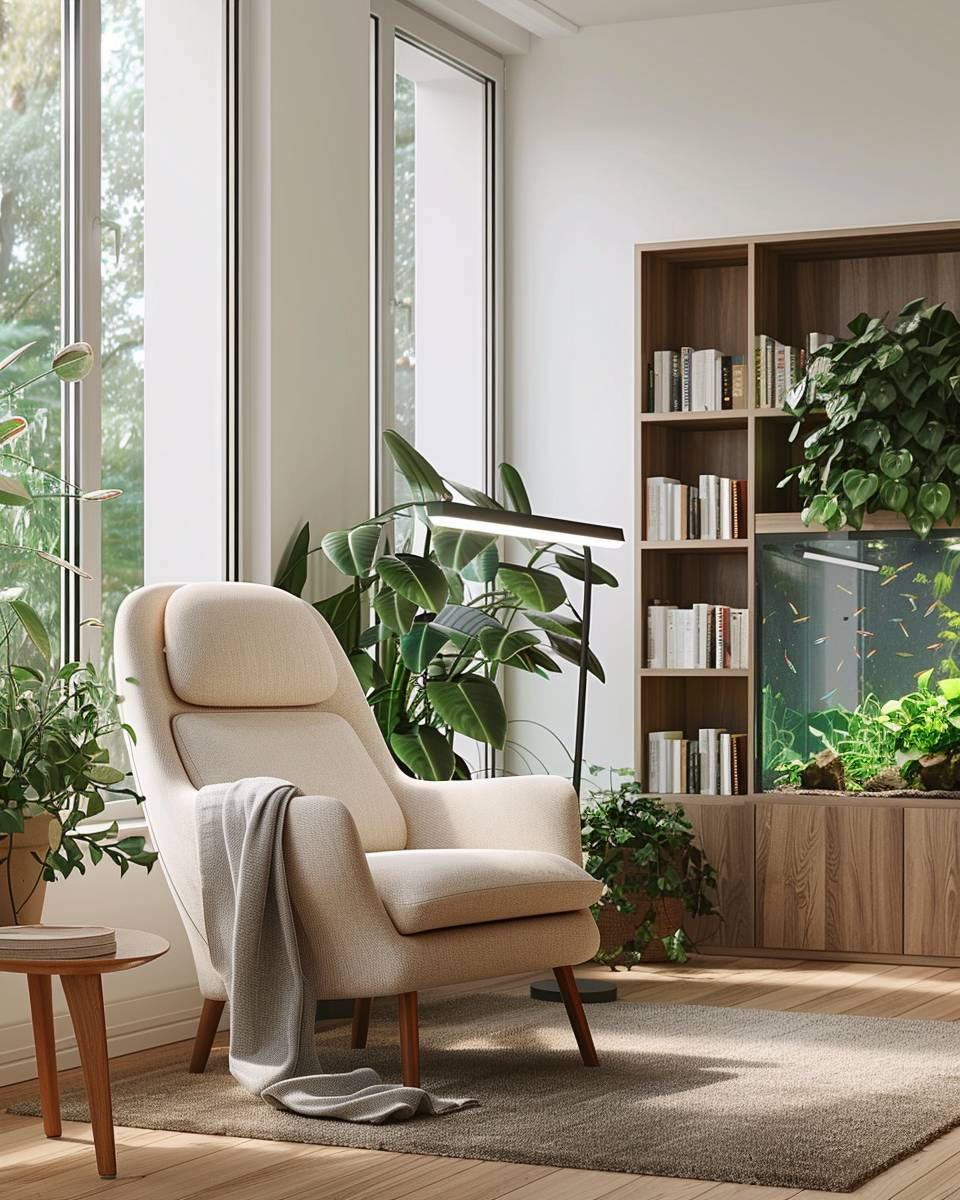 Ideen für Wohnzimmer mit Aquarium- Gestalte eine Leseecke neben dem Becken