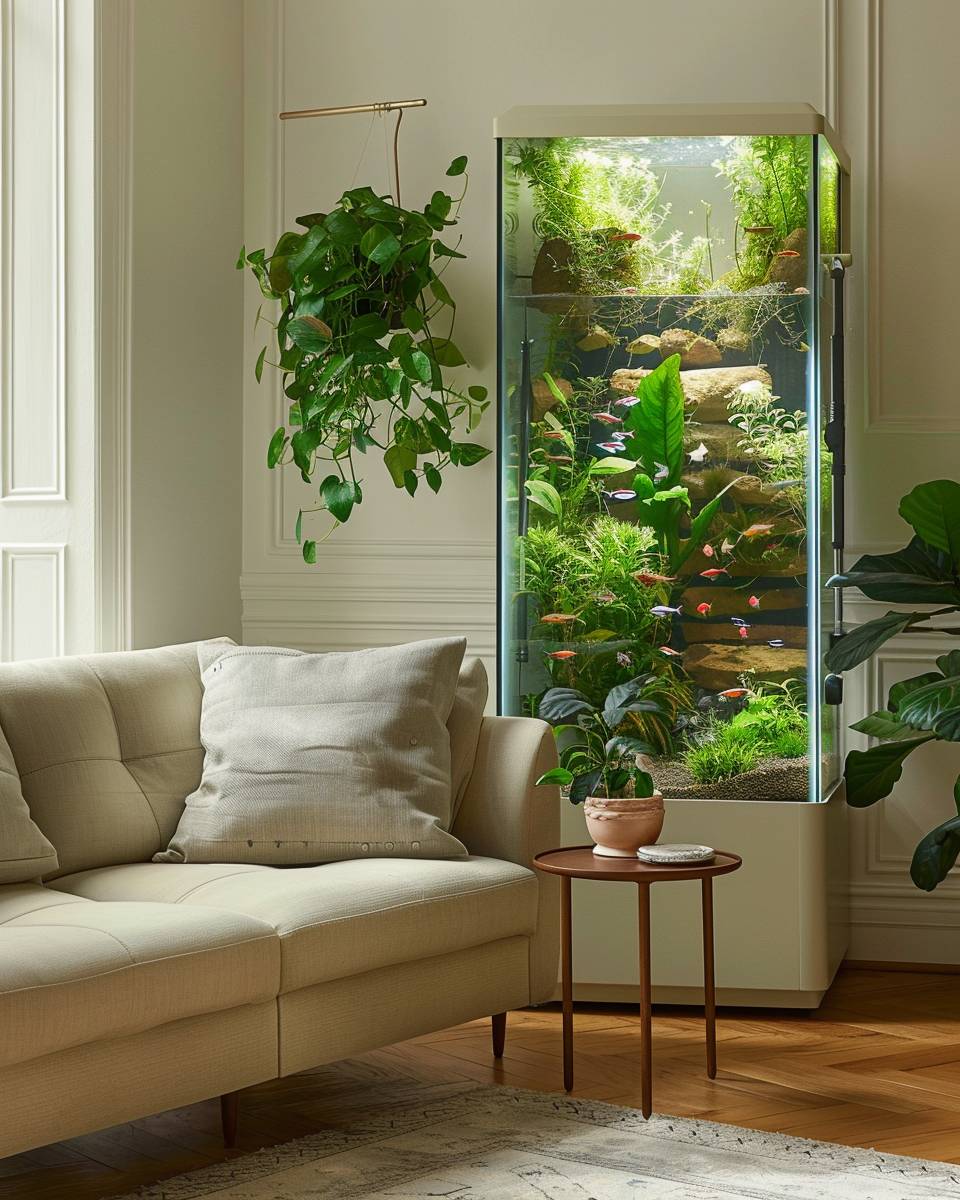 Ideen für Wohnzimmer mit Aquarium- Installiere eine kleine Couch an Aquariumseite
