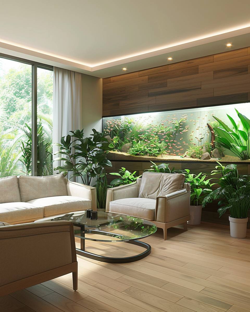 Ideen für Wohnzimmer mit Aquarium- Ordne Sitzmöbel zum Aquarium ausgerichtet an