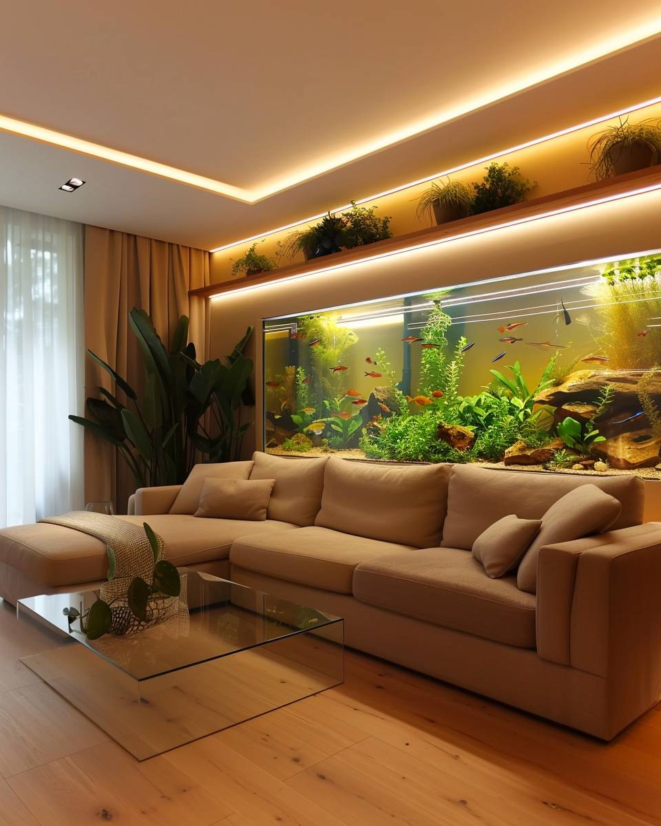 Ideen für Wohnzimmer mit Aquarium- Spiele mit indirekter Beleuchtung im Wohnzimmer