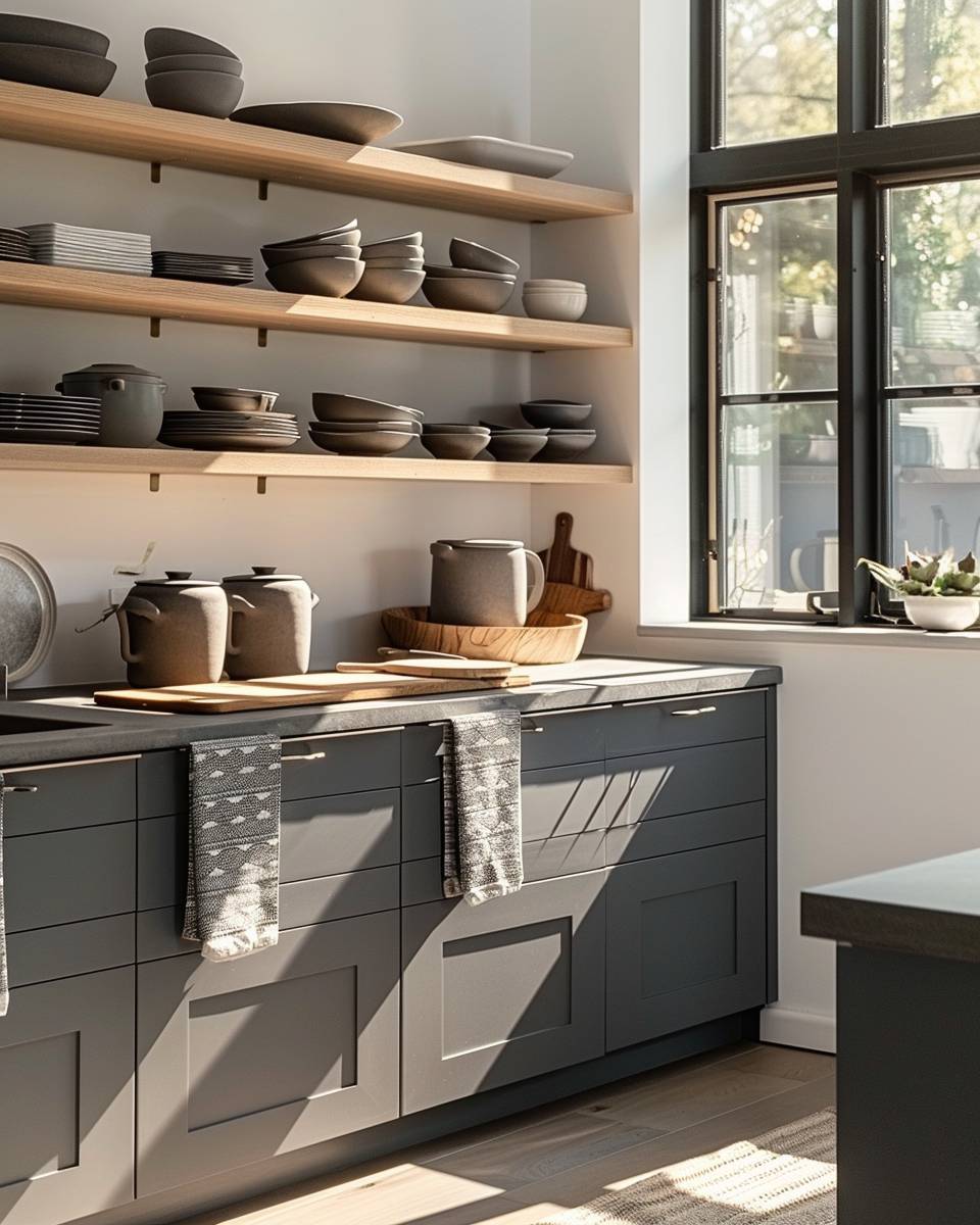 Küche in Grau- Dekoriere mit grauen Küchentextilien und Geschirr