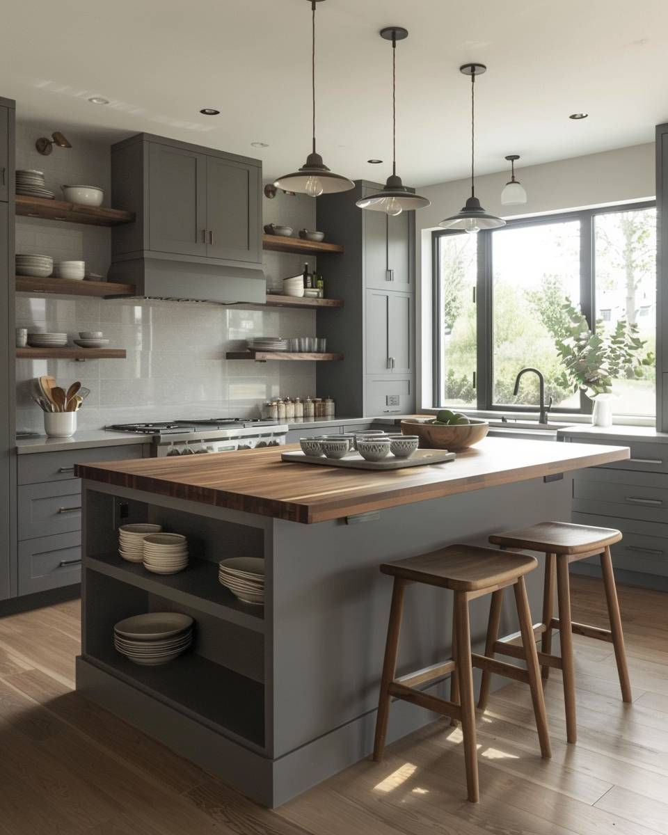 Küche in Grau- Ergänze Holzbarhocker für Gemütlichkeit