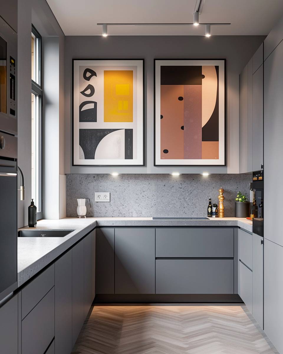 Küche in Grau- Füge grafische Poster und Prints als Hingucker hinzu
