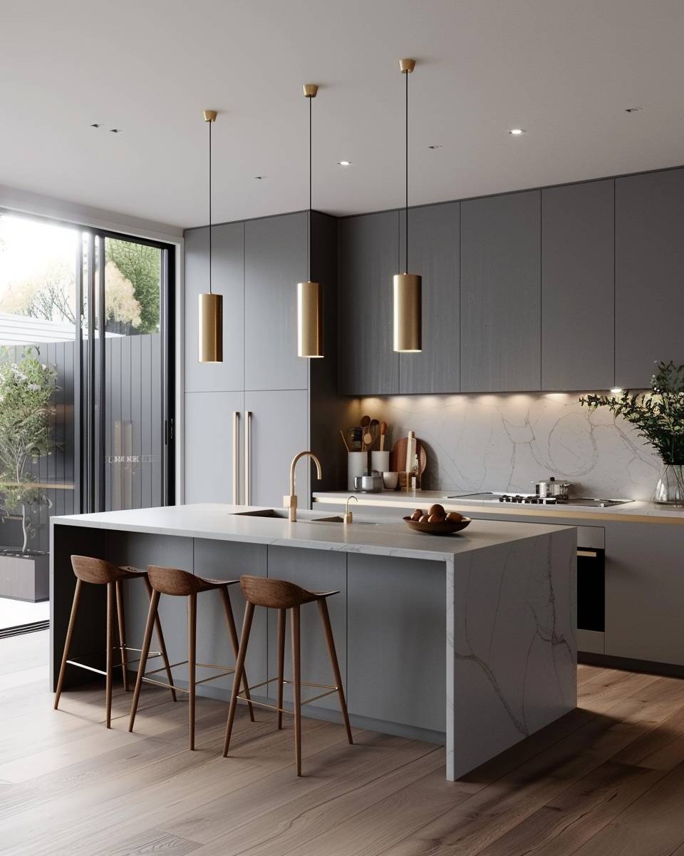 Küche in Grau- Hänge Messinglampen für edlen Touch auf