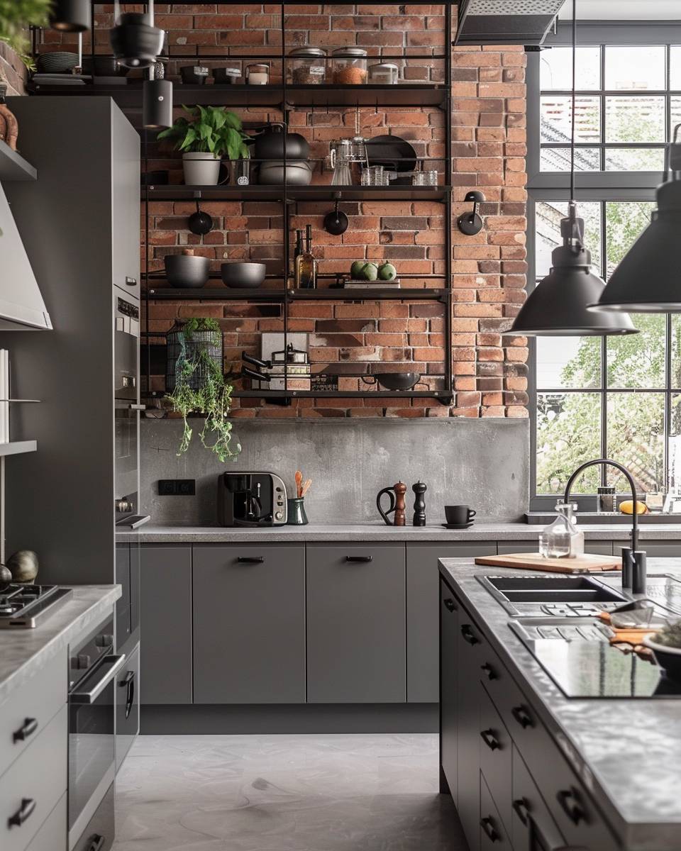 Küche in Grau- Schmücke mit Industrial-Accessoires und Metallregalen
