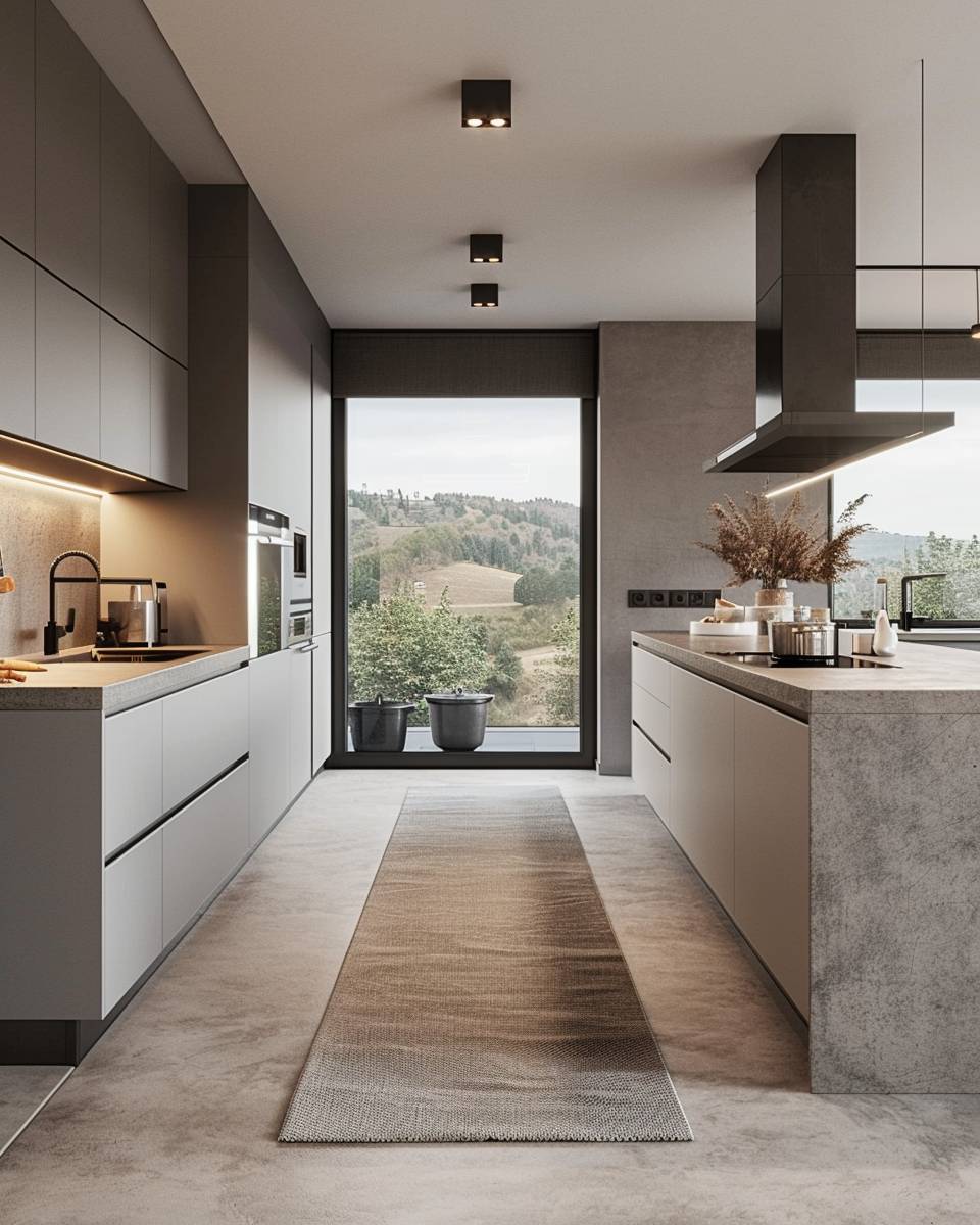 Küche in Grau- Trenne Bereiche mit einem Küchenläufer in Grau