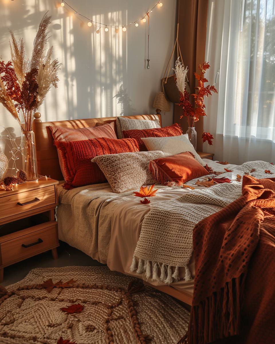 Schlafzimmer herbstlich dekorieren- Bringe Lichterketten für sanftes Licht an