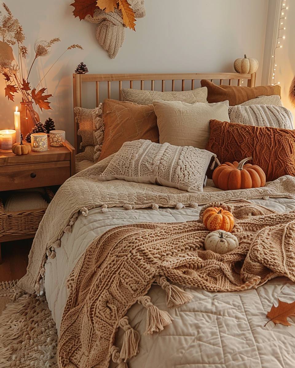 Schlafzimmer herbstlich dekorieren- Streue kuschelige Plaids auf das Bett