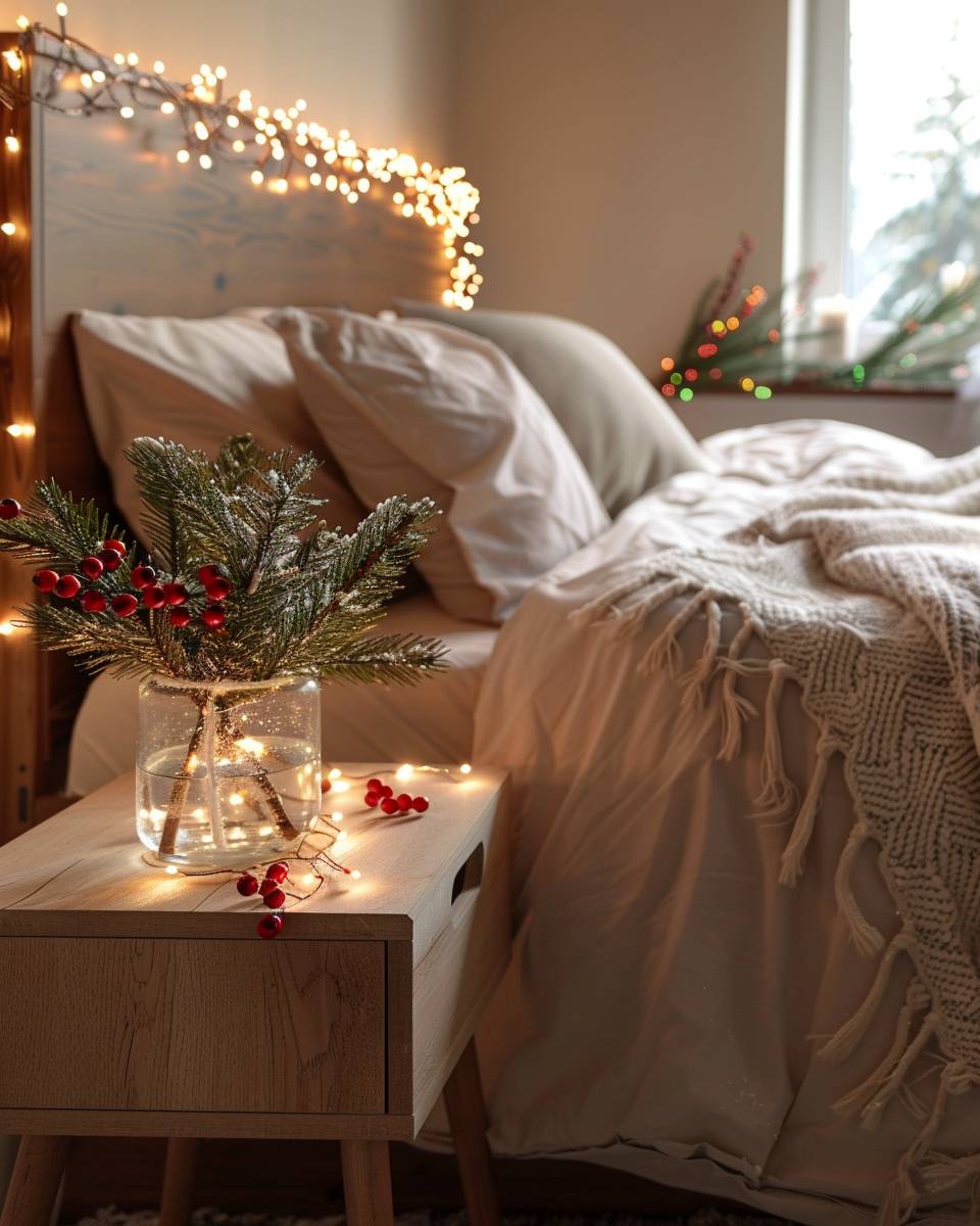 Schlafzimmer weihnachtlich dekorieren- Fülle Vasen mit Tannenzweigen und Beeren