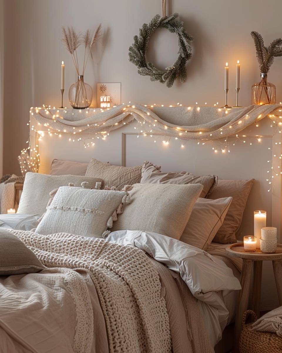 Schlafzimmer weihnachtlich dekorieren- Verteile funkelnde Lichterketten über das Kopfteil