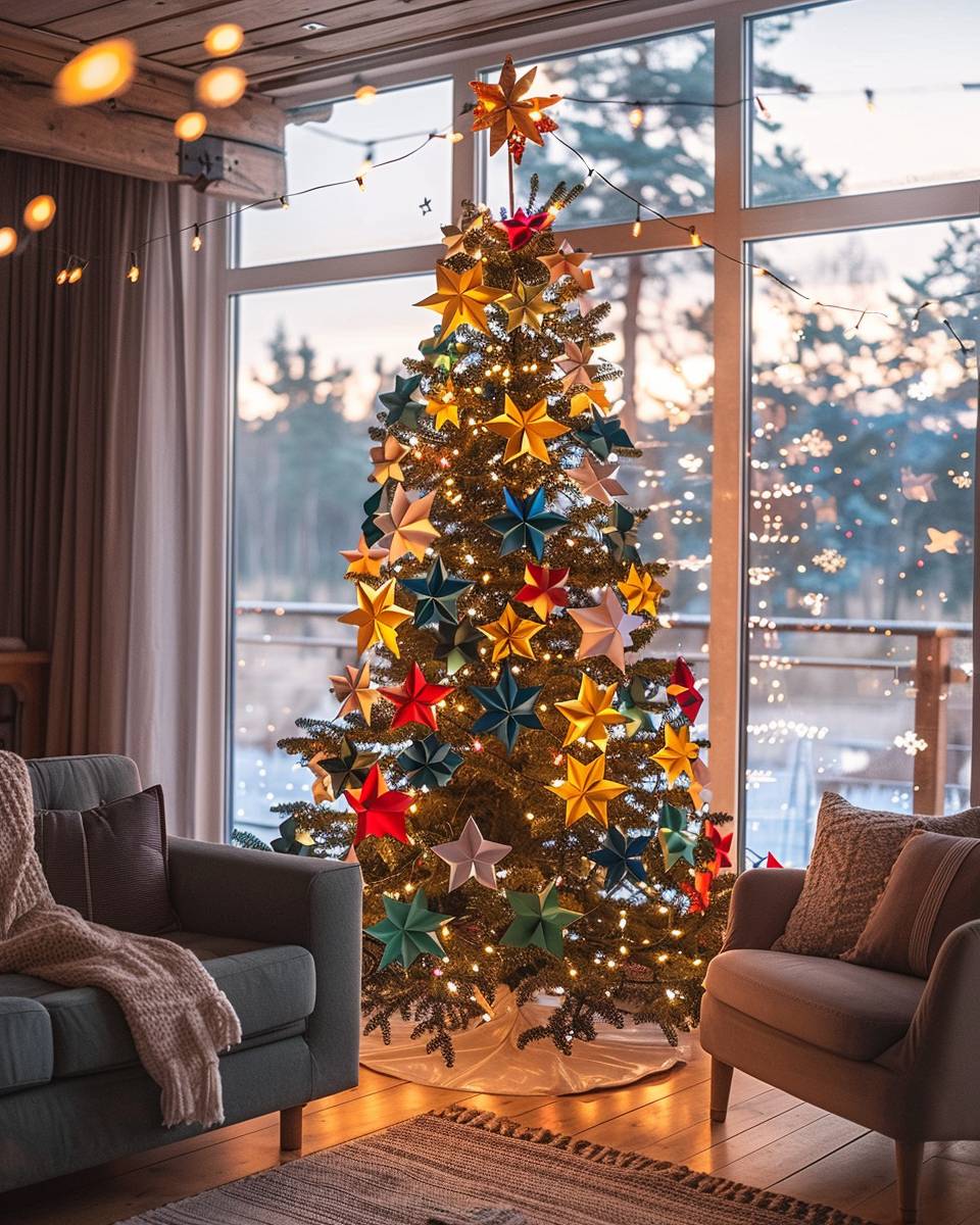 Weihnachtsbaum-Inspiration- Experimentiere mit bunten Papiersternen am Baum