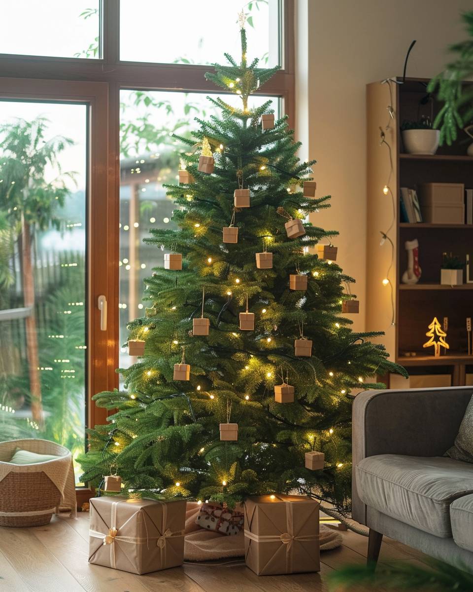 Weihnachtsbaum-Inspiration- Hänge kleine Geschenkpäckchen als Schmuck auf