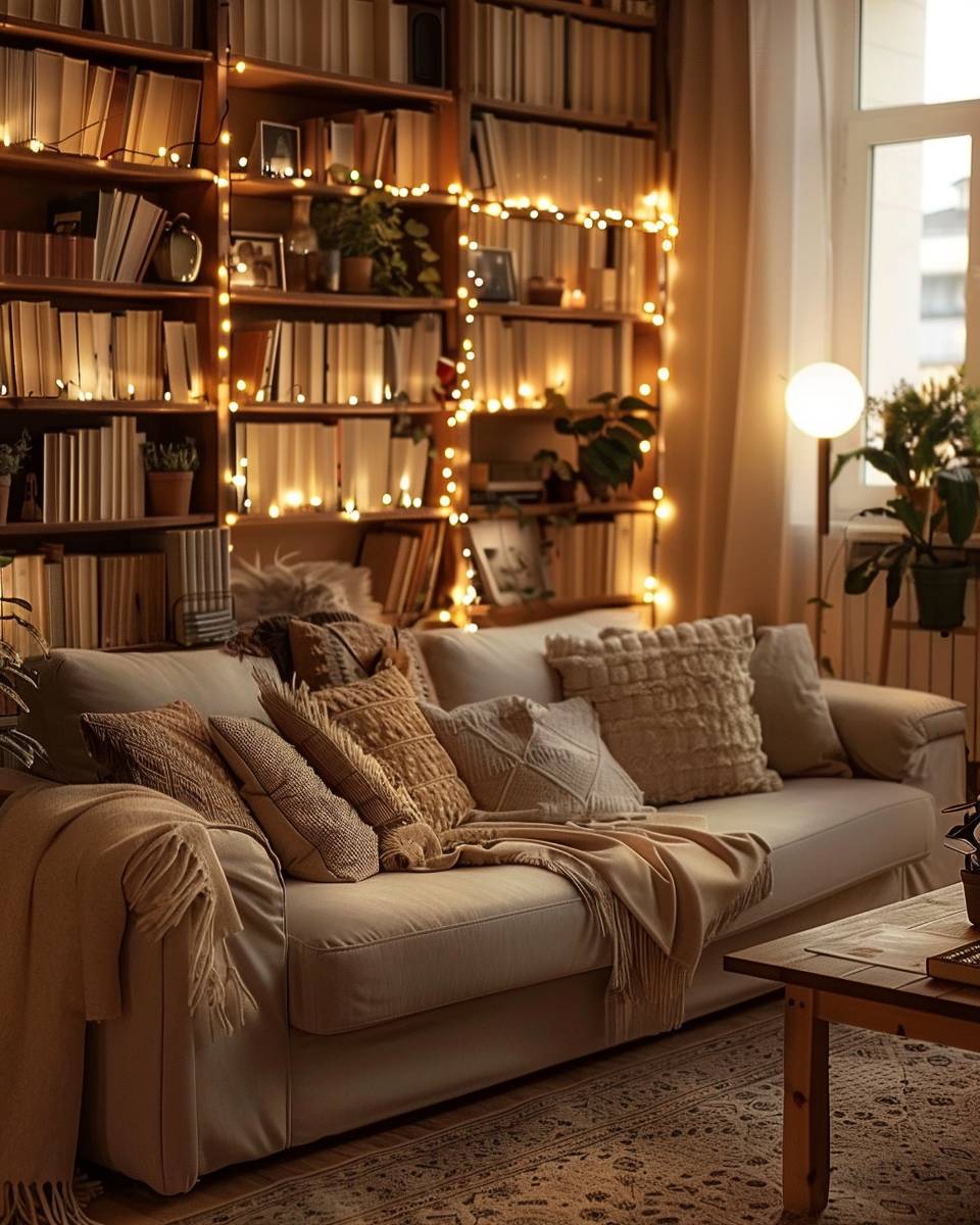 Wohnzimmer gemütlich machen: Ideen- Bringe eine Lichterkette am Bücherregal an