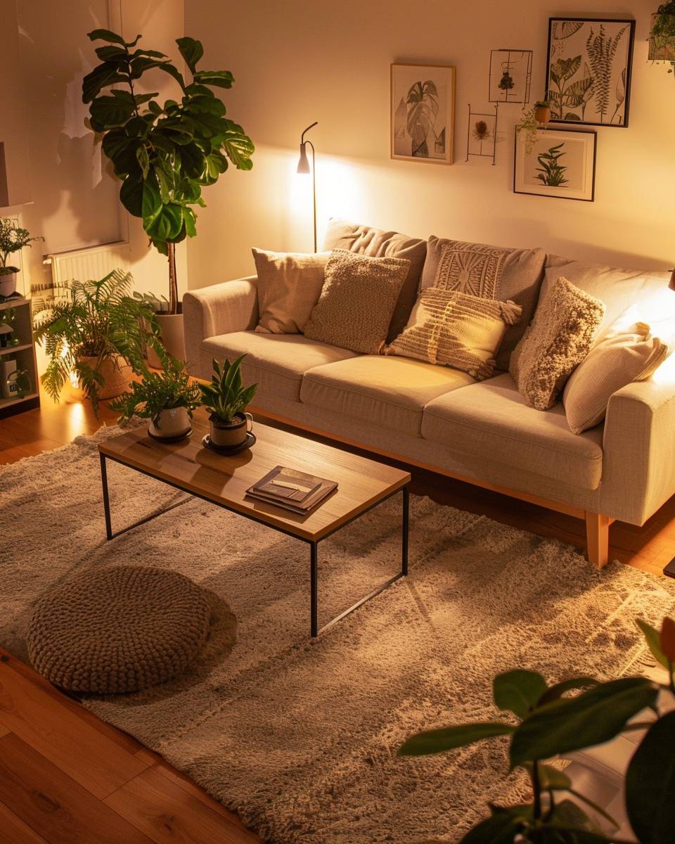 Wohnzimmer gemütlich machen: Ideen- Ergänze einen gemütlichen Teppich unter dem Couchtisch