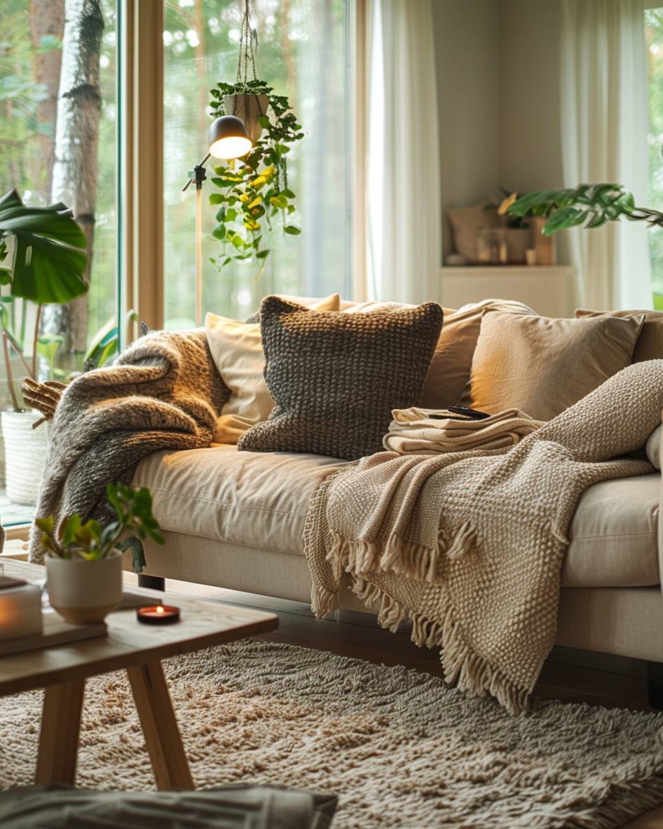 Wohnzimmer gemütlich machen: Ideen- Platziere Decken in greifbarer Nähe aufs Sofa