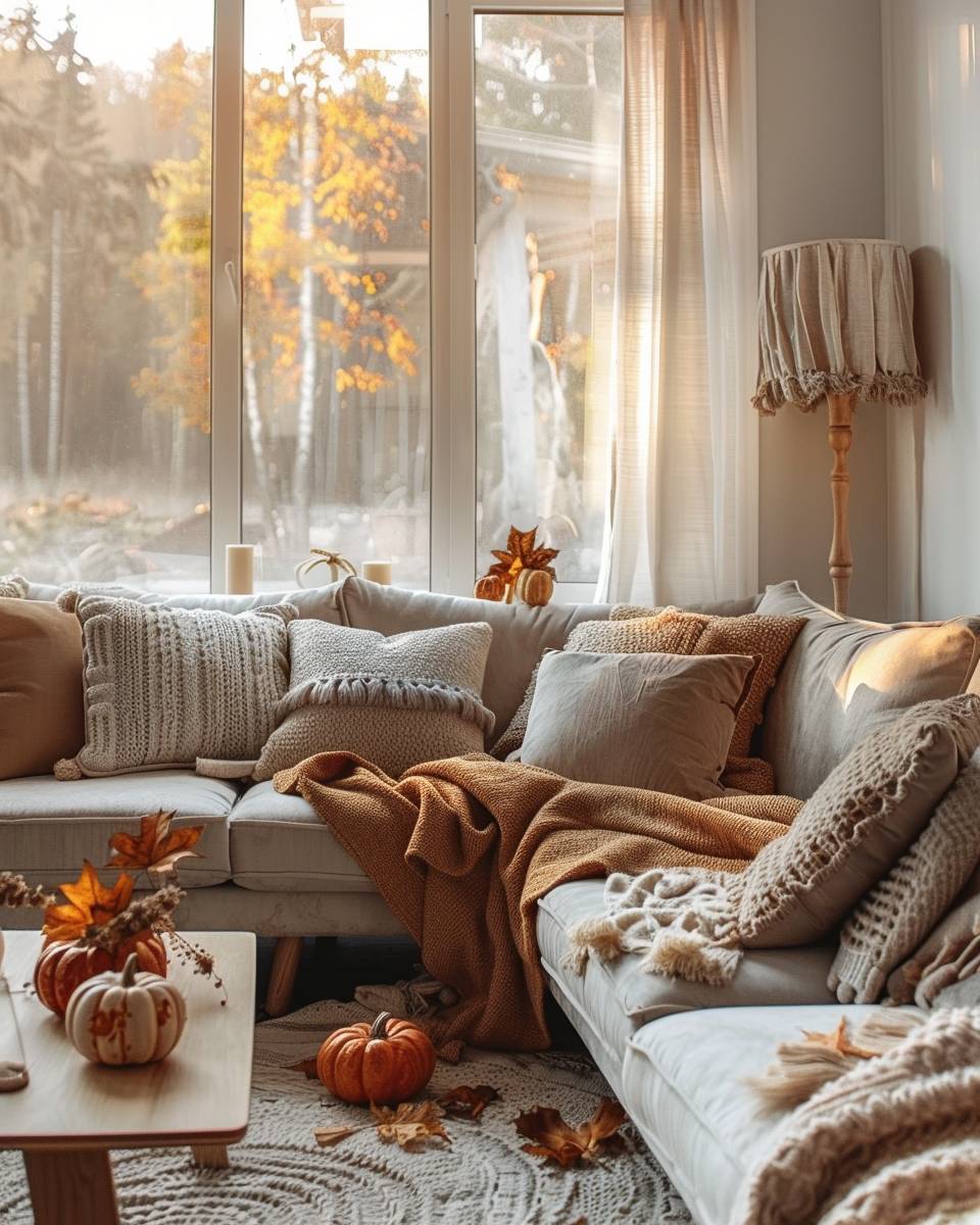 Wohnzimmer herbstlich dekorieren-Stell kuschelige Decken auf dem Sofa bereit