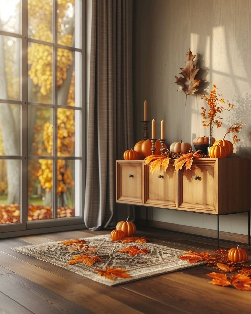 Wohnzimmer herbstlich dekorieren- Dekoriere das Sideboard mit Kürbissen